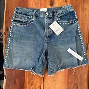 Studded High-Rise Denim Shorts - Blue
